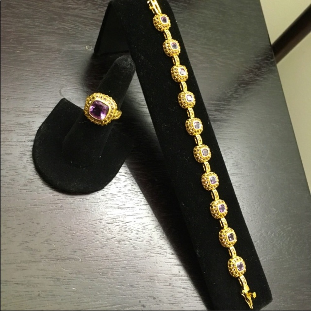 925 Silver Gold Plated Amethyst CZ Ring & Bracelet - Picture 4 of 14